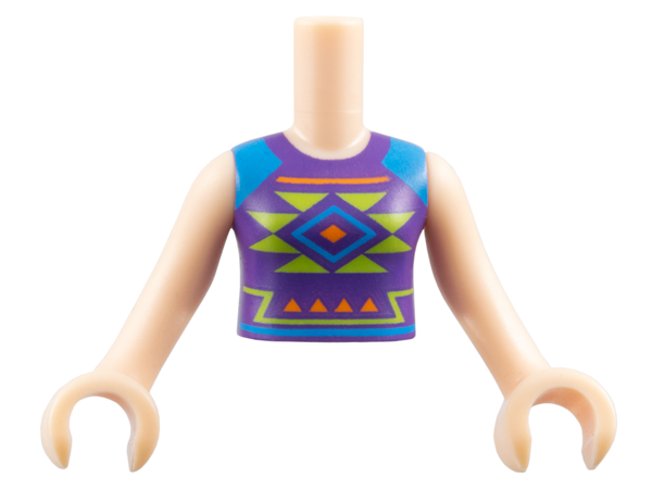 Torso Mini Doll Girl Dark Purple Shirt and Dark Azure Shoulders with Orange and Lime Diamonds and Triangles Pattern, Light Nougat Arms with Hands