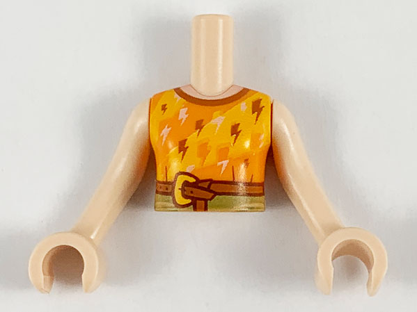 LEGO part Torso Mini Doll Girl Orange and Bright Light Orange Top with Lightning Bolts and Belt Pattern, Light Nougat Arms with Hands FTGpb260c01