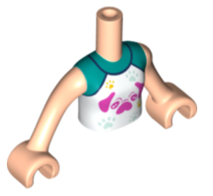 LEGO part Torso Mini Doll Girl White Raglan Top with Dark Pink Dog and Light Aqua and Bright Light Orange Paw Prints Pattern, Light Nougat Arms with Hands FTGpb305c01