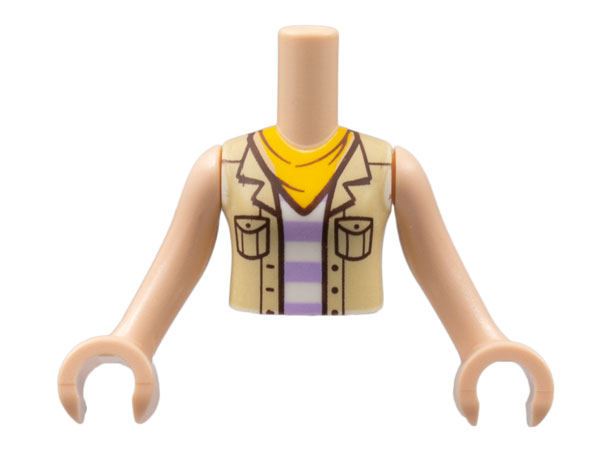 LEGO part Torso Mini Doll Girl Tan Vest over White and Lavender Striped Shirt, Bright Light Orange Scarf Pattern, Light Nougat Arms with Hands FTGpb363c01