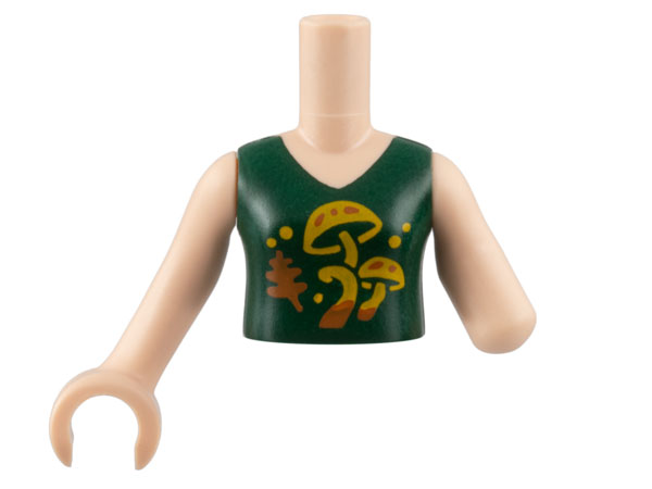 LEGO part Torso Mini Doll Girl Dark Green Top, Bright Light Orange Mushrooms, Dark Orange Leaf Pattern, Light Nougat Arm Left, Light Nougat Arm with Hand Right FTGpb382c01