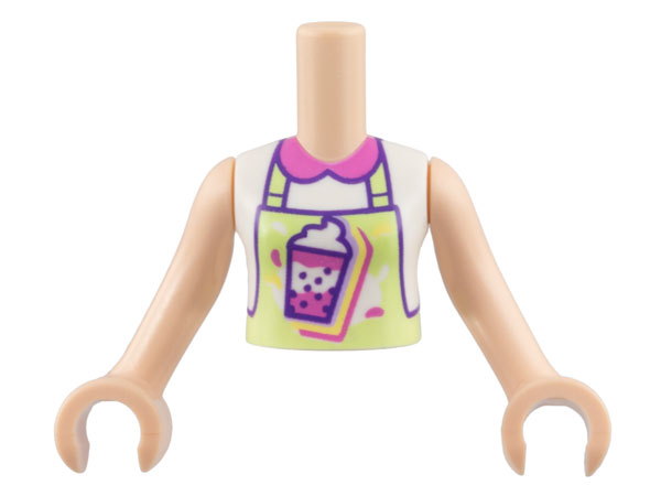 LEGO part Torso Mini Doll Girl White Shirt, Dark Pink Collar, Yellowish Green Apron, Bubble Tea Pattern, Light Nougat Arms with Hands FTGpb399c01