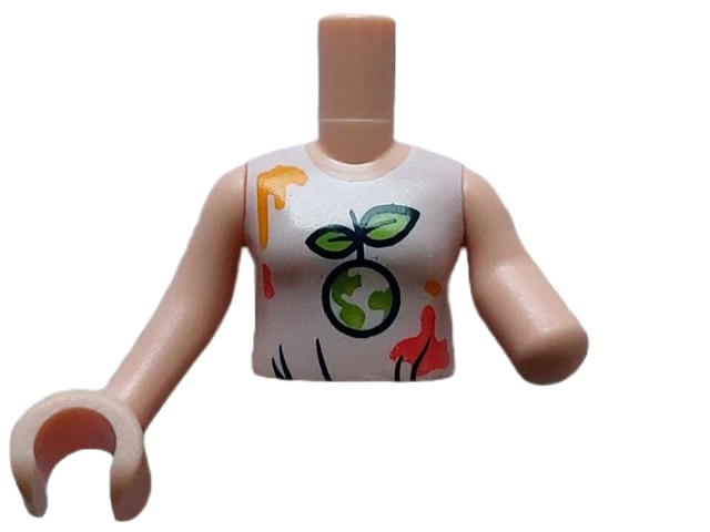LEGO part Torso Mini Doll Girl White Top, Paint Stains and Bright Green Leaves Pattern, Light Nougat Arm Left, Light Nougat Arm with Hand Right FTGpb406c01