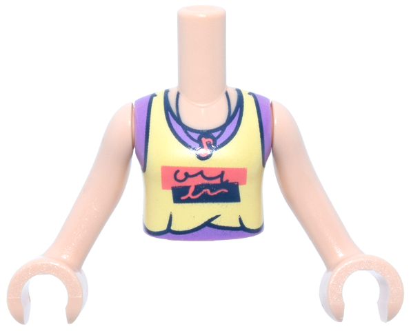 LEGO part Torso Mini Doll Girl Bright Light Yellow Tank Top over Medium Lavender Sleeveless Shirt, Black and Coral Panels and Music Note Necklace Pattern, Light Nougat Arms with Hands FTGpb451c01