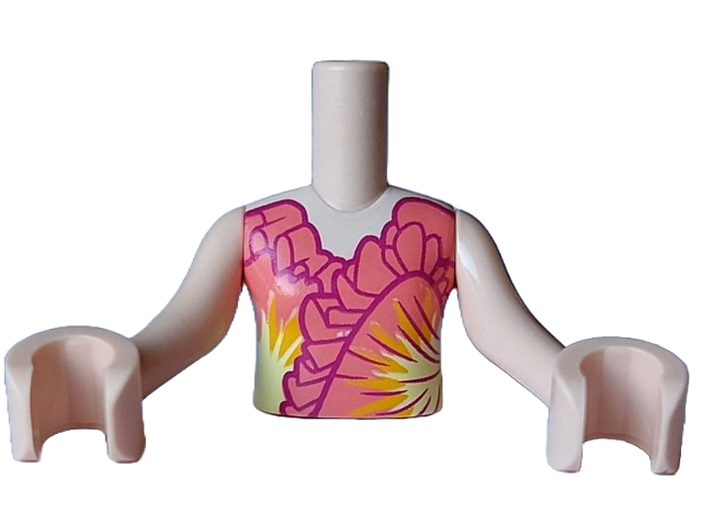 Torso Mini Doll Girl Coral Dress Top with Dark Purple Ruffles and Bright Light Orange and Bright Light Yellow Flashing Accents Pattern, Light Nougat Arms with Hands