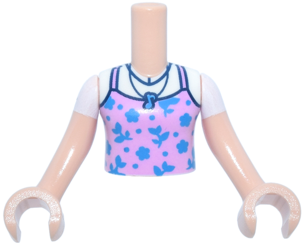LEGO part Torso Mini Doll Girl Dark Pink Tank Top with Dark Azure Flowers and Music Note Necklace over White T-Shirt Pattern, Light Nougat Arms with Hands with White Short Sleeves FTGpb508c01