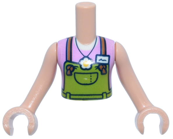 LEGO part Torso Mini Doll Girl Lime Overalls, Medium Nougat Straps, White Flower Pendant and Name Tag Over Bright Pink Sleeveless Top Pattern, Light Nougat Arms with Hands FTGpb532c01