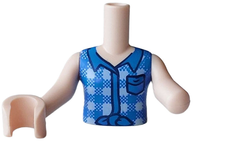 Torso Mini Doll Blue and Bright Light Blue Tied Flannel Vest with Black Outline Pocket Pattern, Light Nougat Arm Left, Light Nougat Arm with Hand Right