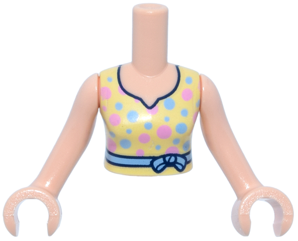 LEGO part Torso Mini Doll Woman Bright Light Yellow Dress Top, Black Trim, Bright Light Blue and Bright Pink Dots, Belt with Bow Pattern, Light Nougat Arms with Hands FTWpb389c01