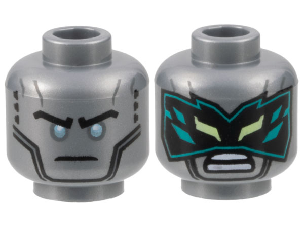 Minifigure, Head Dual Sided Black Eyebrows, Metallic Light Blue Eyes / Black Mask with Dark Turquoise Crystals Pattern - Hollow Stud