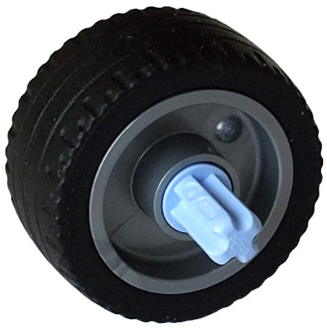 Wheel 18mm D. x 12mm with Pin Hole and Stud, Dotted Brake Rotor Lines with Fixed Rotatable Bright Light Blue Technic, Axle 1L with Pin with Black Tire 24 x 12 Low (66727c02 / 18977)